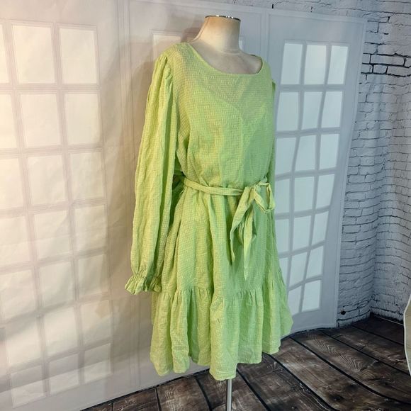 Eloquii NWT lime green long sleeve tie waist mini ruffle hem dress size 26 - Picture 3 of 12
